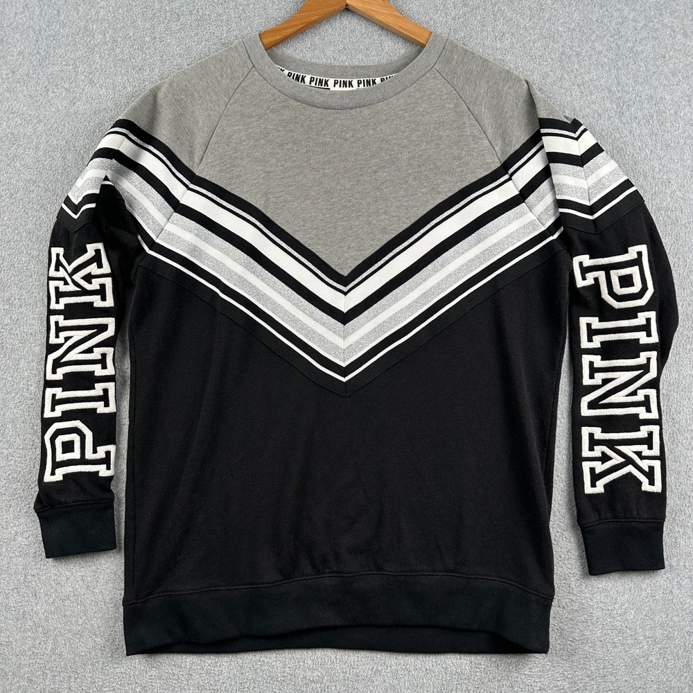 Pink Victoria's Secret Sweatshirt Womens Small Black Grey Chevron Logo Pullover